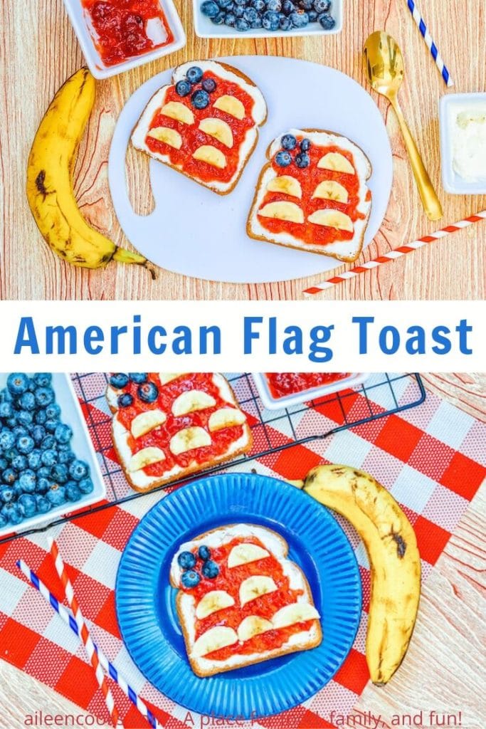 Collage photo of a white plate with two slices of American flag toast above a blue plate with one slice of american flag toast and the words "American Flag Toast" in blue lettering.