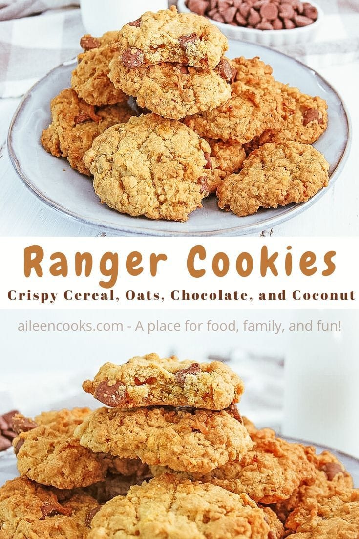 Collage photo of two images of ranger cookies piled on a white plate with the words "ranger cookies" in brown lettering in the center of the two pictures.