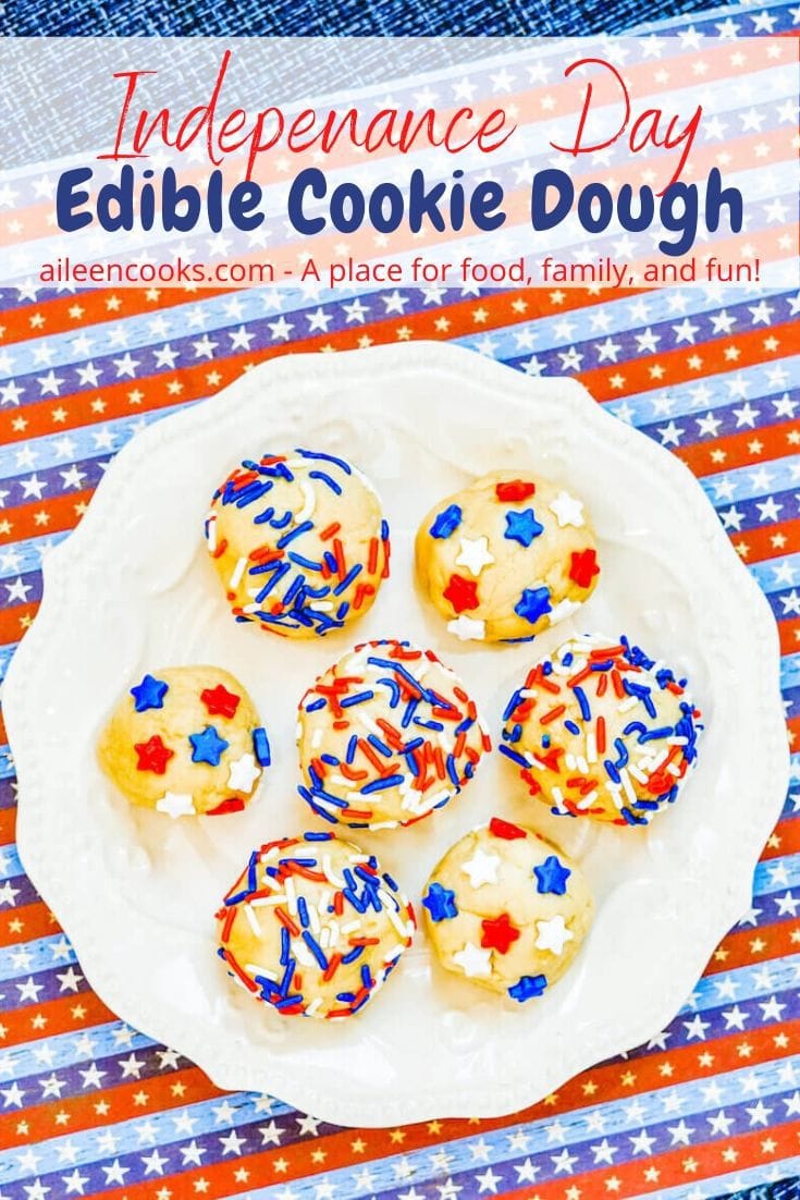 A white plate of sugar cookie dough with the words "independance day edible cookie dough" in red and blue lettering.