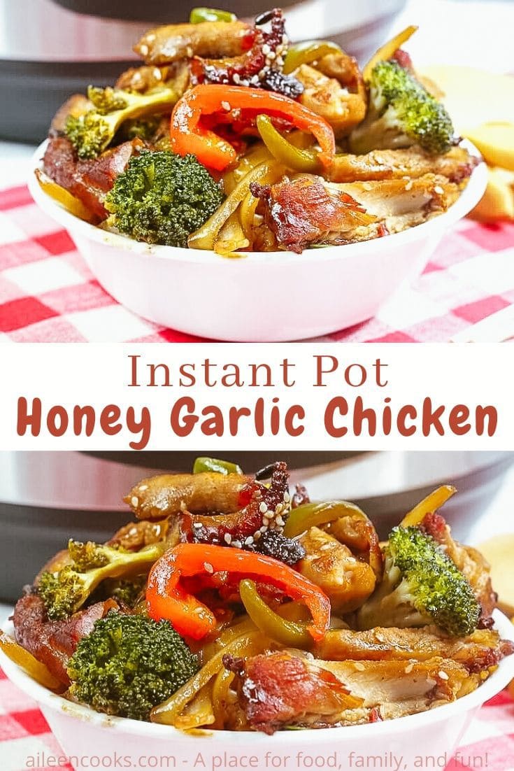 Collage photo of two pictures of honey garlic chicken in white bowls with the words "instant pot honey garlic chicken" in brown lettering in the center of the two images. 