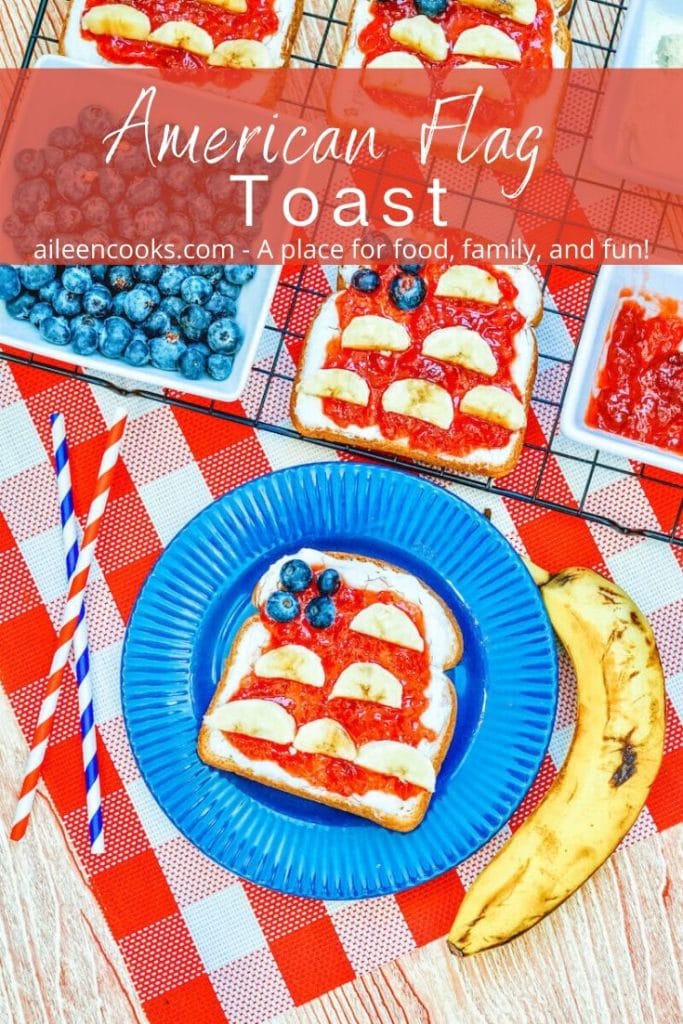 A blue plate with a piece of toast decorated in red white and blue with the words "American Flag Toast" in white lettering.