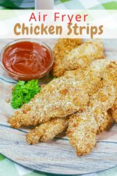 A plate of pretzel crusted chicken strips with the words "air fryer chicken strips"