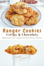 Collage photo of an image of a plate of ranger cookies above an image of a ranger cookies on top of a glass milk bottle with the words "ranger cookies crispy & chocolaty" in brown lettering in the center of the two images.