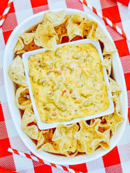Overhead shot of Rotel cheese dip in a square bowl surrounded by tortilla chips.