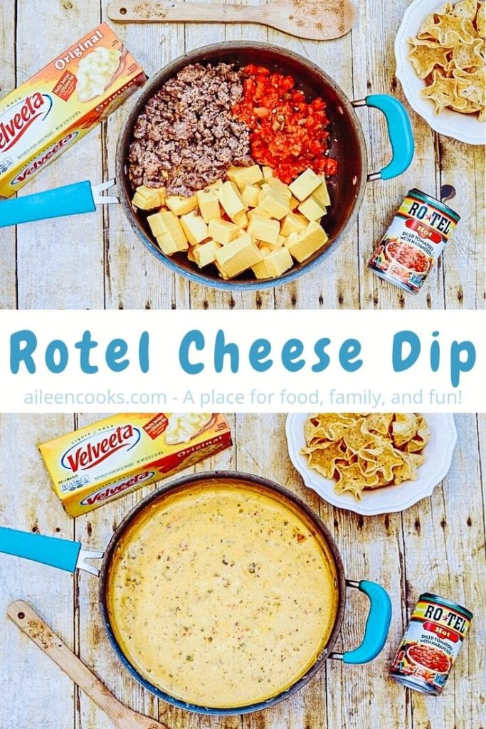 Collage photo of Rotel cheese dip ingredients inside sauce pan over an image of cooked cheese dip in a sauce pan with the words "Rotel Cheese Dip" in blue letters in the center of the two images.