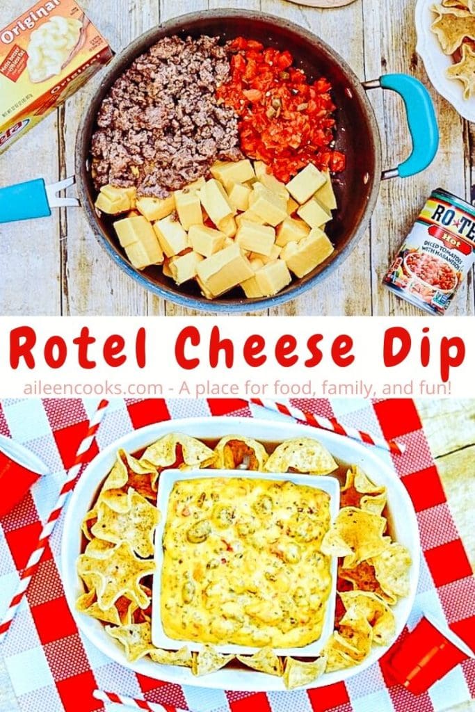 A collage photo of the ingredients for Rotel cheese dip in a blue sauce pan over an image of the dip and chips inside an oval serving dish with the words "Rotel Cheese Dip" in red letters in the center of the two images.