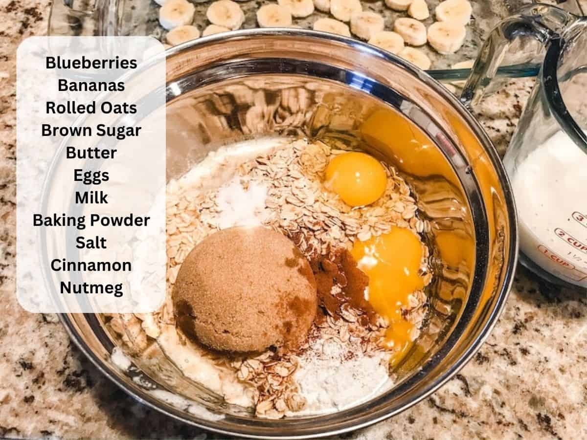 A metal bowl filled with ingredients for baked oatmeal.