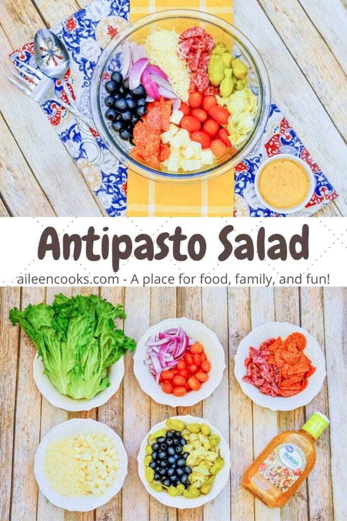 Collage photo of antipasto salad and ingredients to make the salad with the words "antipasto salad" in brown lettering.