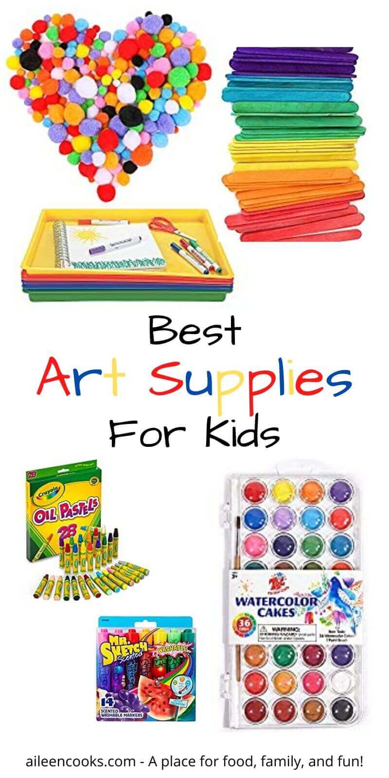 Collage photo showcasing various art supplies with the words "best art supplies for kids.