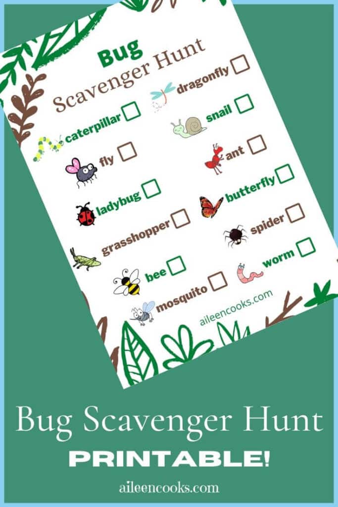 A printable bug hunt on a green background with the words bug scavenger hunt printable