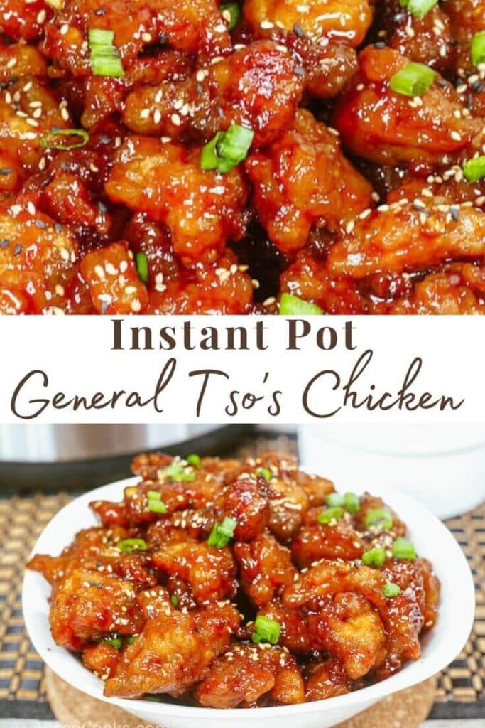 Collage photo of general tso chicken with the words "instant Pot general tso's chicken" in the center.