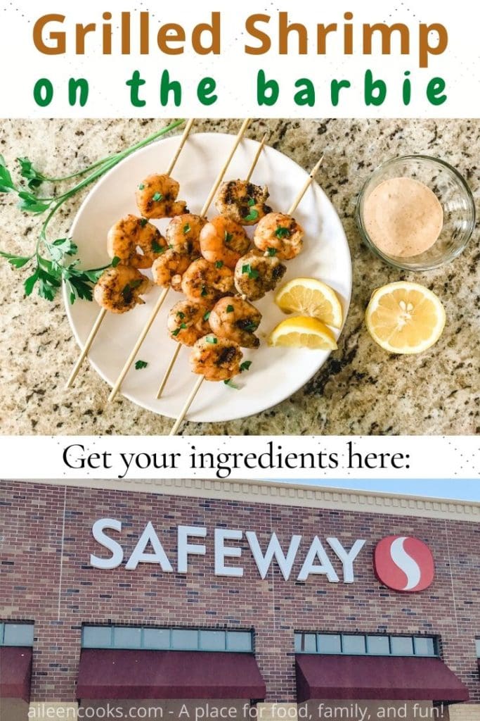 A picture of grilled shrimp on a white plate above a photo of a Safeway store.