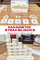 Collage photo of a Kontu STEM Blocks box and the magnetic blocks stacked up.