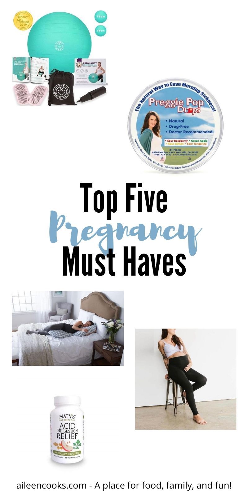 Collage photo of pregnancy products with the words "top five pregnancy must haves"