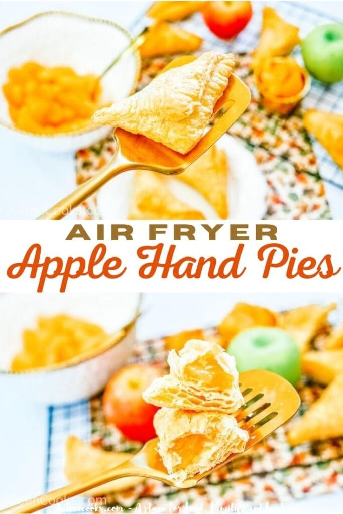 Collage photo of apple turnovers with the words "air fryer apple hand pies" in brown and red lettering.
