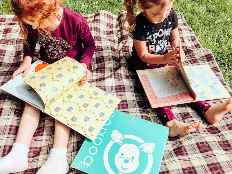 Two girls on a picnic blanket looking at books.