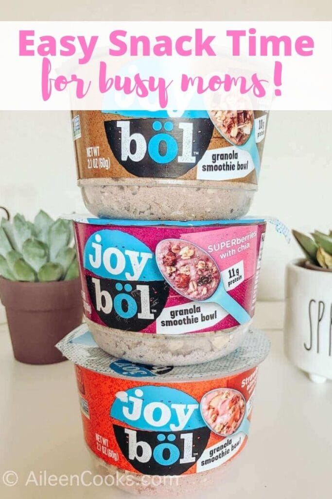 Three joybols sacked up and the words "easy snack time for busy moms!" in pink lettering.