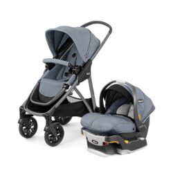 A grey stroller next to a grey infant car seat.
