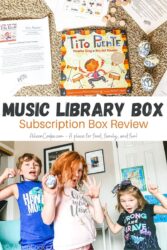 Collage photo of the contents of the Music Library Box above a picture of kids dancing with the words "Music Library Box Subscription Box Review" in the center of the two pictures.