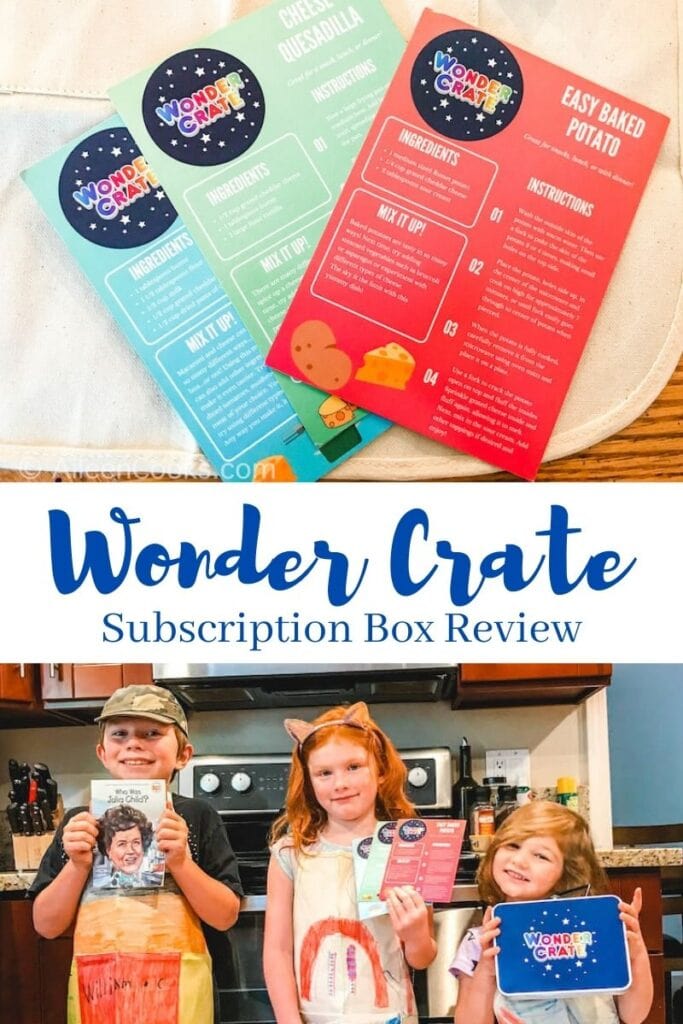 Collage photo of Wonder Crate recipe cards and three kids holding up the wonder crate lunch box, book, and activity cards.