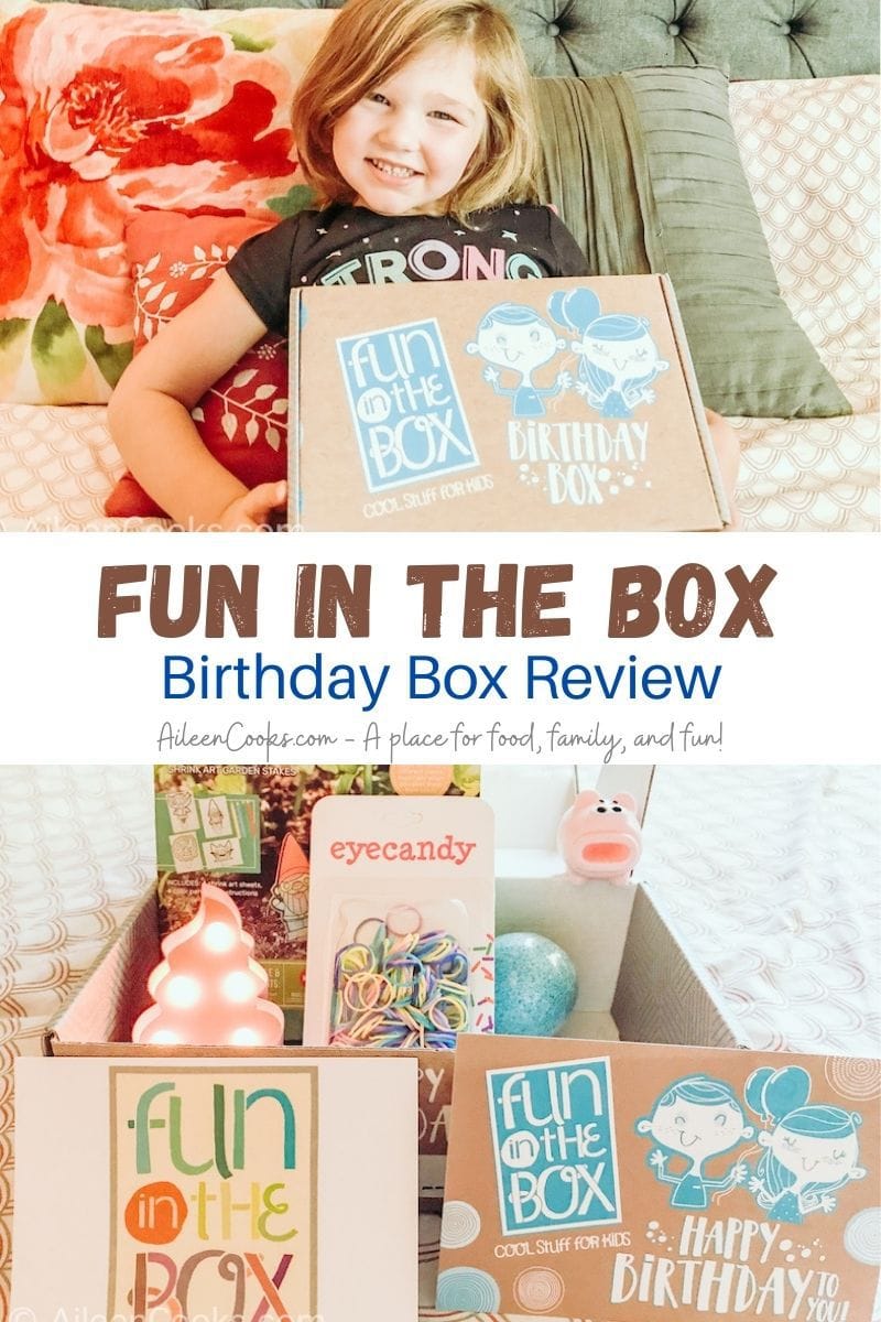 Collage photo of little girl holding a Fun in the Box and picture of the inside of the box.
