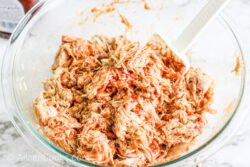 Shredded chicken mixed with barbecue sauce.