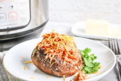 Side view of baked potato loaded with barbecue chicken in front of instant pot.