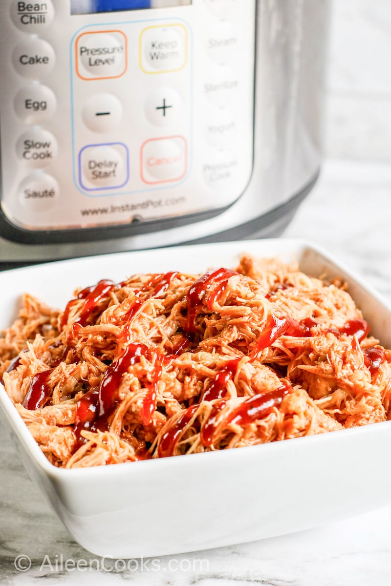 Shredded chicken drizzled with barbecue sauce.