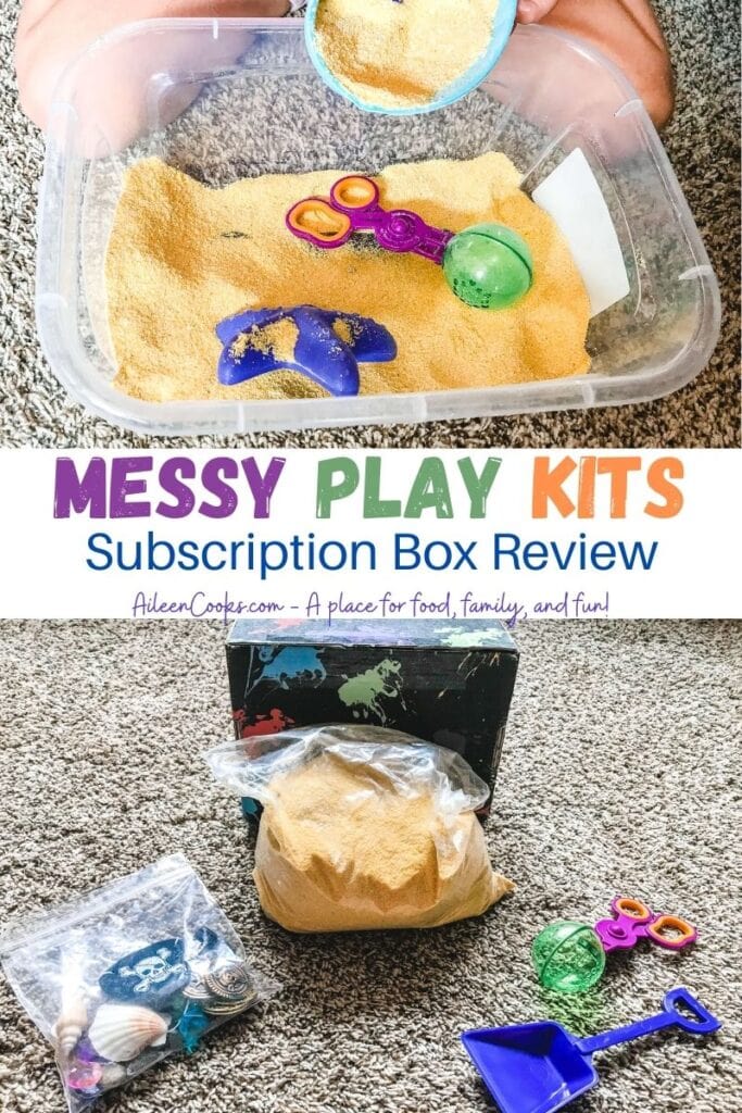 Collage photo of messy play kit box contents and the inside of a sensory bin with the words "messy play kits subscription box review".