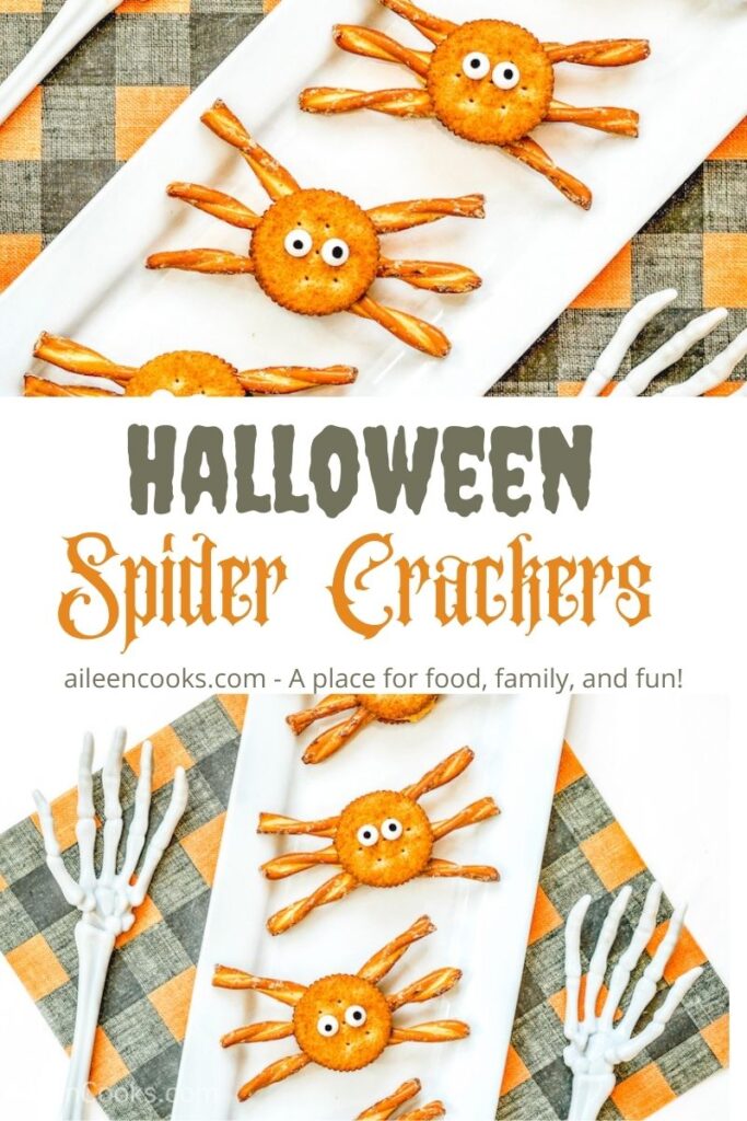 Collage photo of spider crackers with the words "Halloween Spider Crackers" in the center.