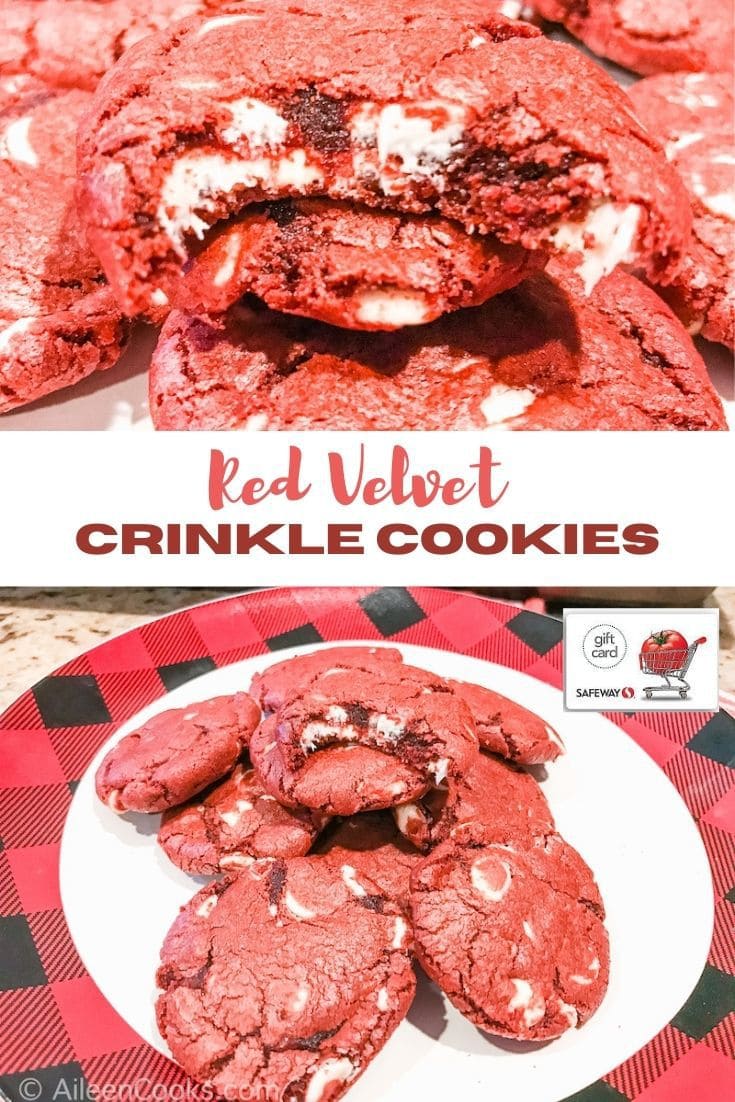 Collage photo of red velvet cookies with the words "red velvet crinkle cookies" in the center in red lettering.