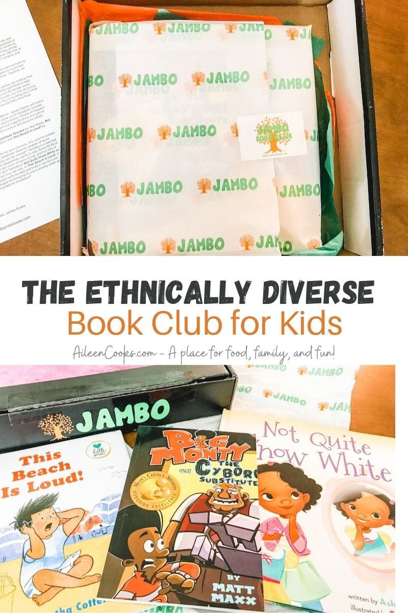 Collage photo of the Jambo Books box and the books included with the words "The Ethnically Diverse Book Club for Kids" in black and orange lettering.