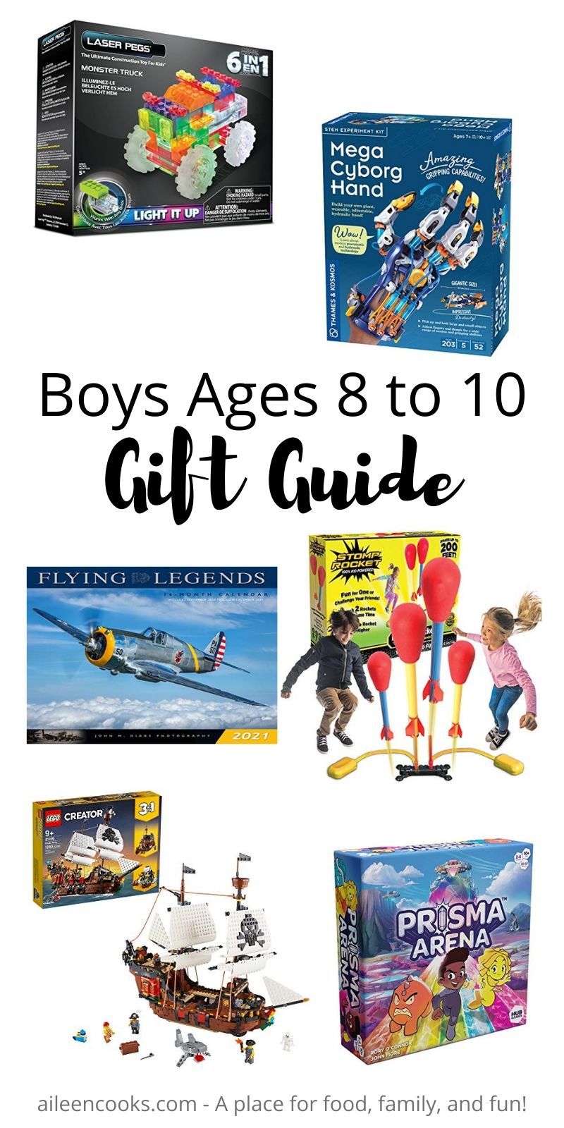 Collage photo of gift ideas for boys with words "boys ages 8 to 10 gift guide" in black lettering.