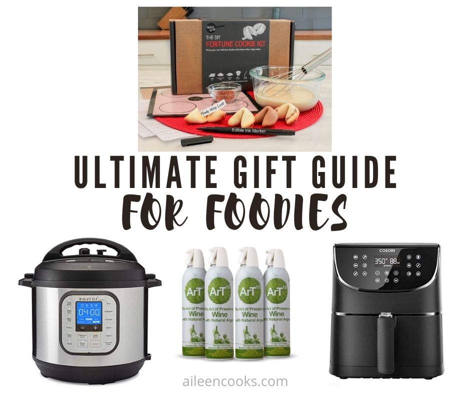 Collage photo of gift ideas for foodies with the words "ultimate gift guide for foodies" in black lettering.