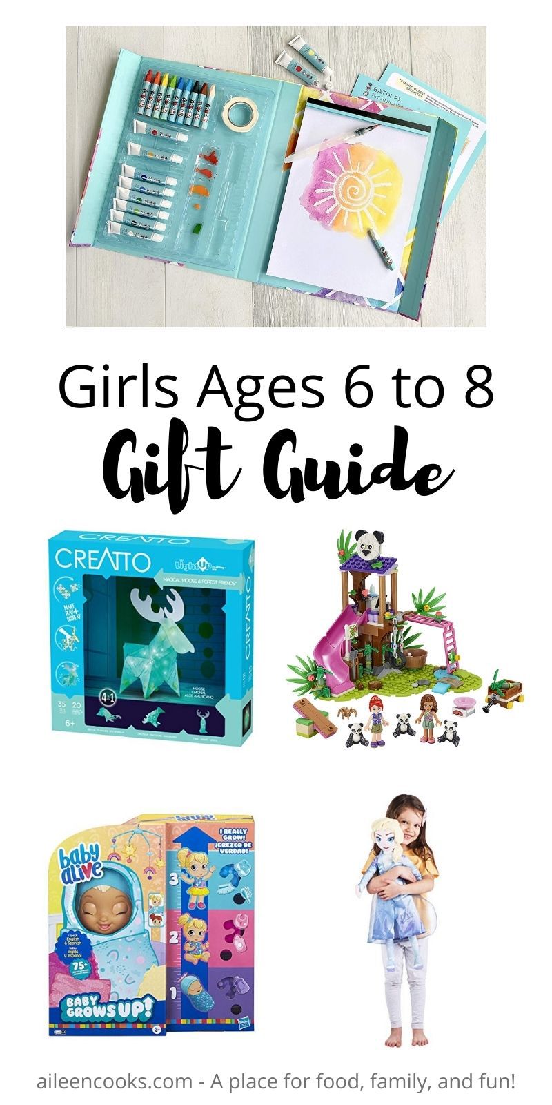 Collage photo of gift ideas for girls with words "girls ages 6 to 8 gift guide" in black lettering.