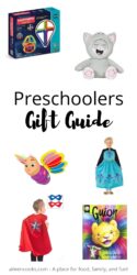 Collage photo of gift ideas for preschoolers with words "preschoolers gift guide" in black lettering.