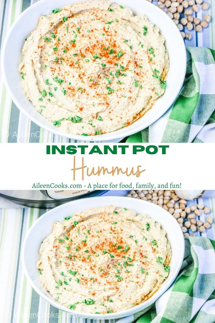 Collage photo of two pictures of hummus in a white bowl with the words "instant pot hummus" in green lettering.