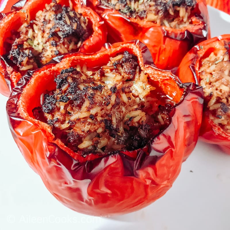 Close up of air fryer stuffed pepper.