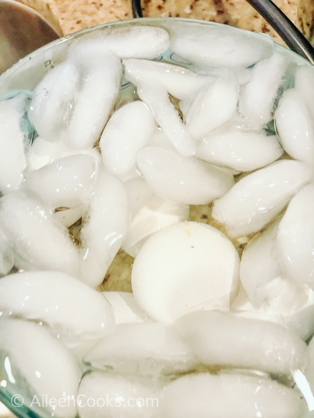 Eggs inside an ice bath.