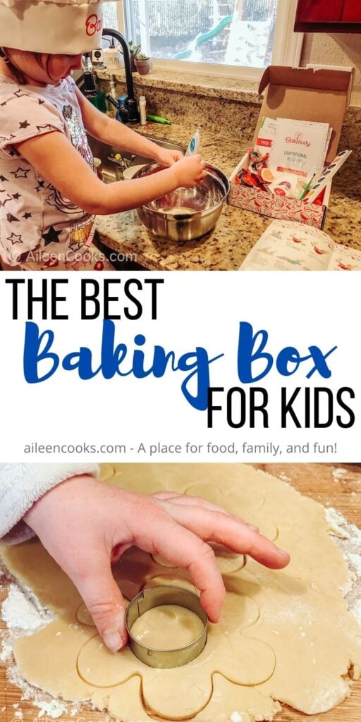 Collage photo of a little girl stirring and a child's hands cutting out a cookie with a cookie cutter and the words "The Best Baking Box for Kids" in black and blue lettering.