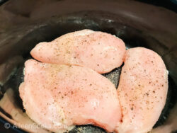 Seasoned chicken inside crockpot.