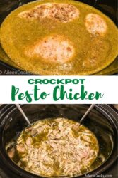 Collage photo of two pictures of chicken in a crockpot with the words "crockpot pesto chicken" in green lettering.