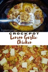 Collage photo with two pictures of lemon garlic chicken with the words "crockpot lemon garlic chicken" in brown and black lettering.