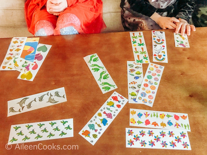 Mrs. Grossman's Stickers spread out on a coffee table.