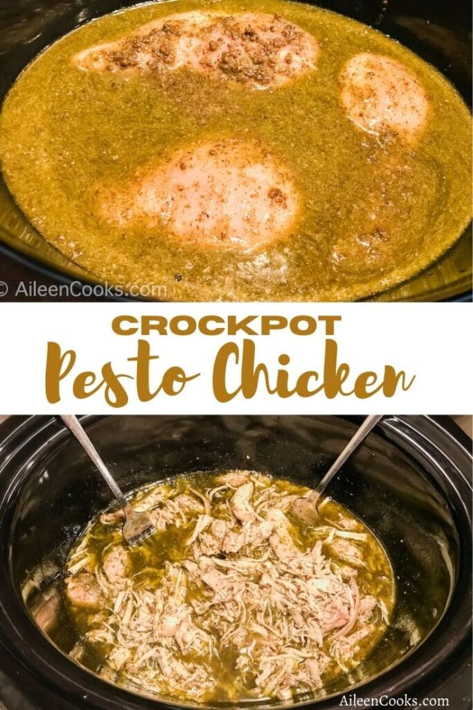 Collage photo of two pictures of chicken in a crockpot with the words "crockpot pesto chicken" in gold lettering.