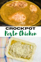 Collage photo of two pictures of chicken in a crockpot with the words "crockpot pesto chicken" in black and green lettering.