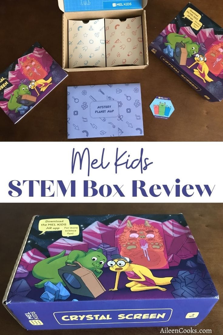 Collage photo of the front of the Mel Kids box and the contents of the box with the words "Mel kids STEM box review" in blue lettering.