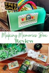 collage photo of leprechaun trap and everything needed to build the trap with the words "making memories box review" in green lettering in the center.