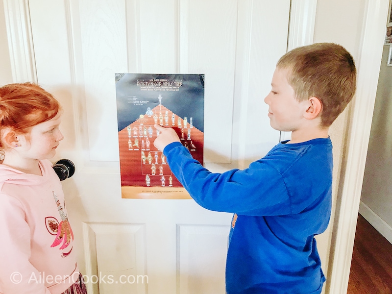 A boy and girl looking at a post of the Egyptian god family tree.