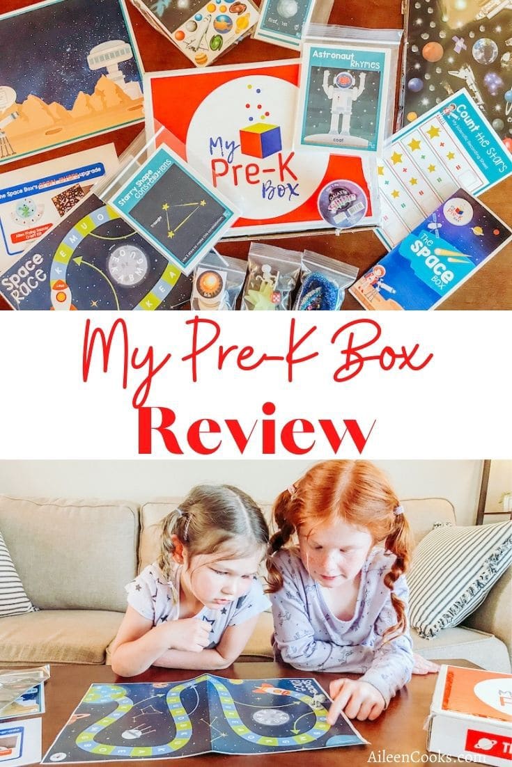 Collage photo of my pre-k box and girls playing a board game.